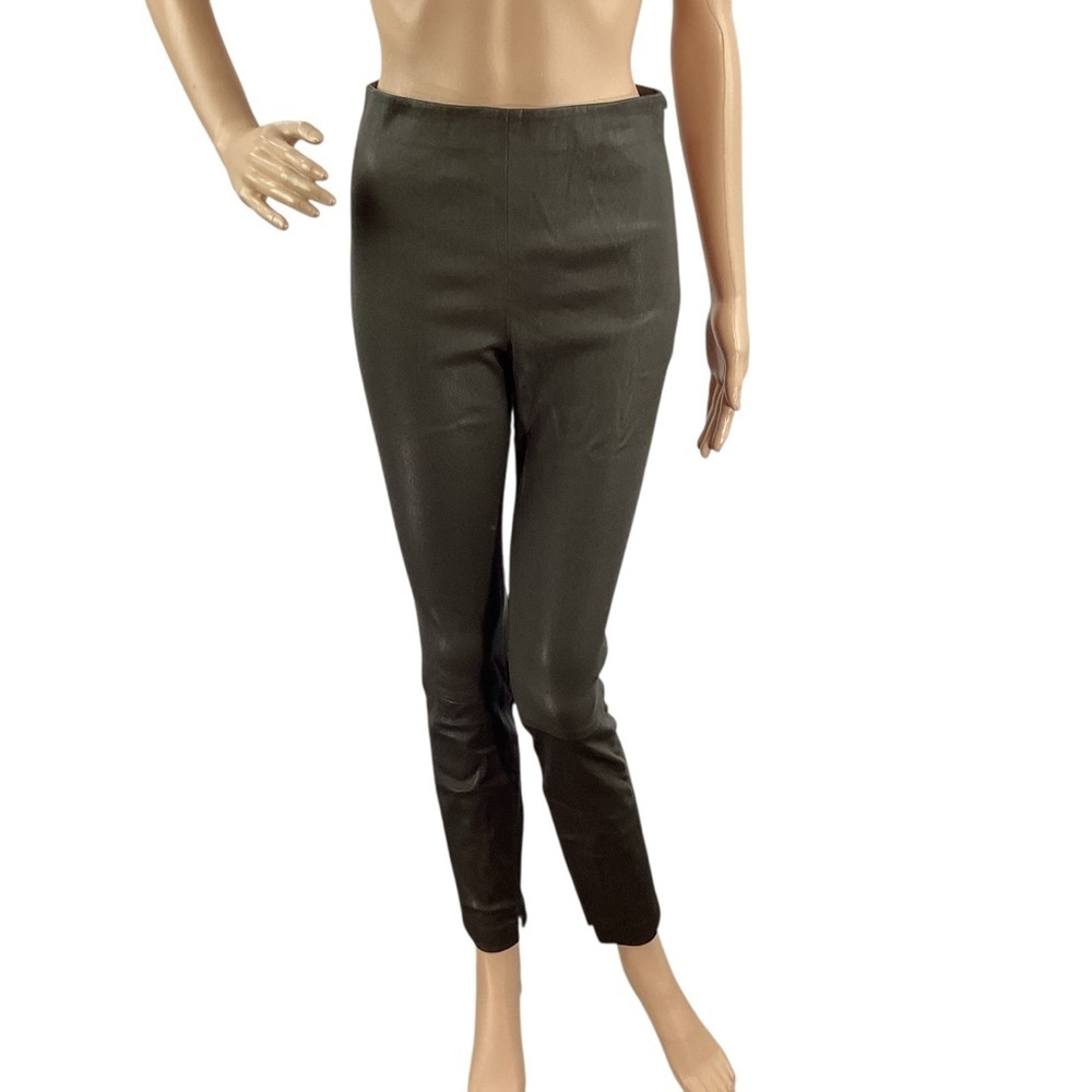 Theory Bristol Lambskin Leather Skinny Leggings Dark Olive Size 4 - Picture 2 of 8